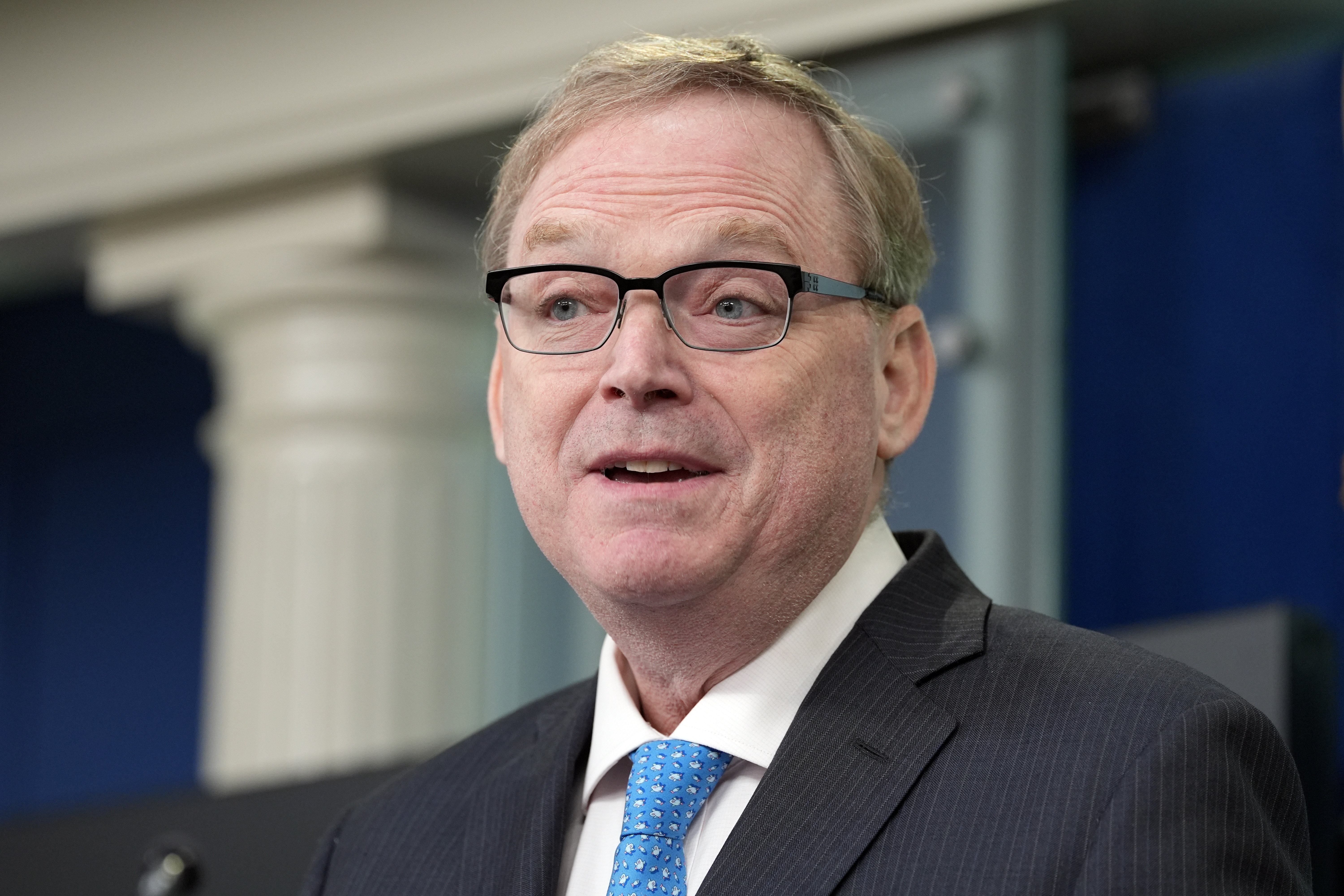 Kevin Hassett, director of the National Economic Council, speaks with reporters at the White House. 